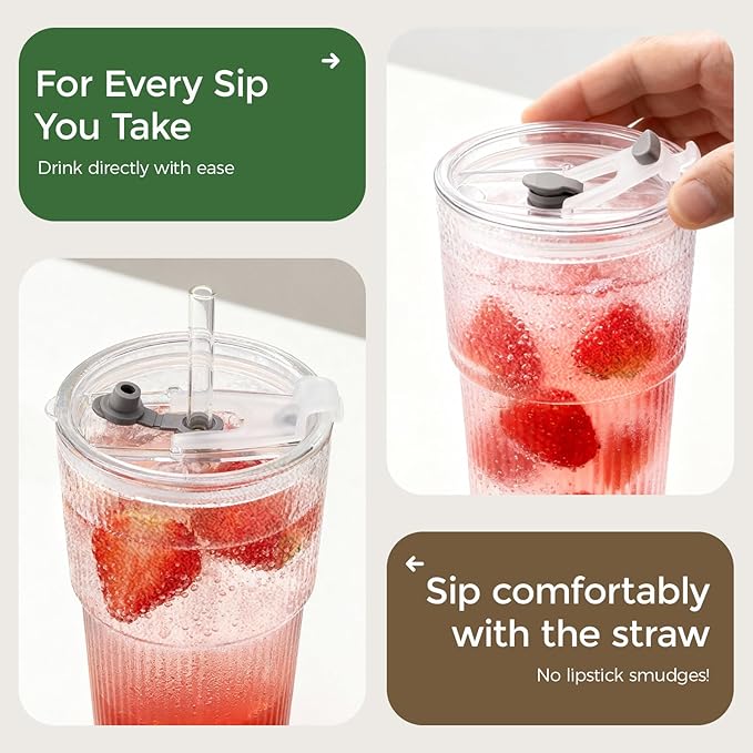 18oz Glass Tumblers with Lids and Straws, Set of 2 - Stylish Vintage Ribbed Design for Iced Coffee, Juice, Smoothies, Milkshakes, Cocktails & More - Perfect for Daily Use
