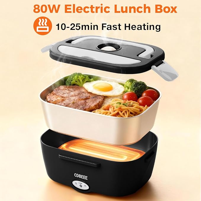 Electric Lunch Box Food Heater - 80W Fast Heating, 1.5L Heated Lunch Box Leak-Proof 304 Stainless Steel Portable Food Warmer, (12V/24V Car/Truck & 110V Home), Ideal for Work/Travel（Black-white）