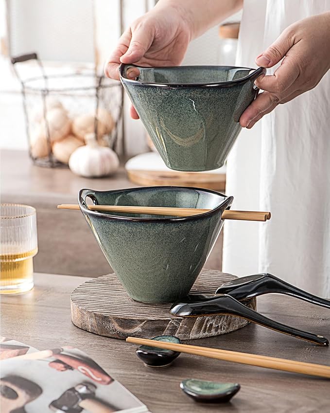 UNICASA Japanese Ramen Bowl Set with Chopsticks, Spoons and Rests, 20oz Deep Porcelain Noodle Bowl Set of 2 for Udon, Pho, Salad, Soup (Reactive Green)