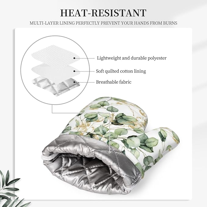 Gold Eucalyptus Branches Silicone Oven Mitts and Pot Holders Sets Green Leaves Kitchen Mitts Potholder Kitchen Accessories for Cooking Baking BBQ