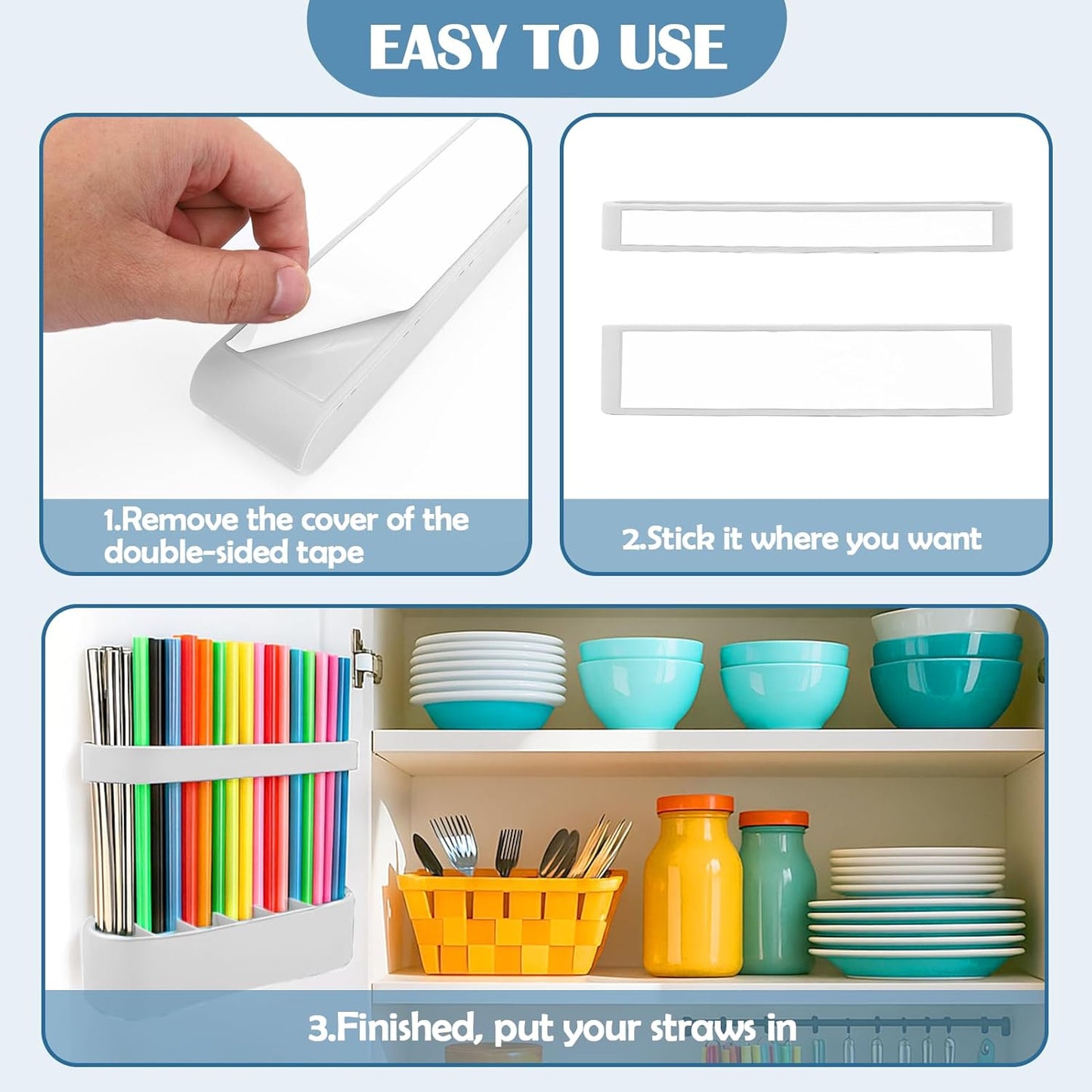 Juome Straw Holder for Cabinet, Silicone Straw Organizer with Double Sided Adhesive Tape, Reusable Tumbler Straws Storage Dispenser for Kitchen Counter Cupboard Door (White)