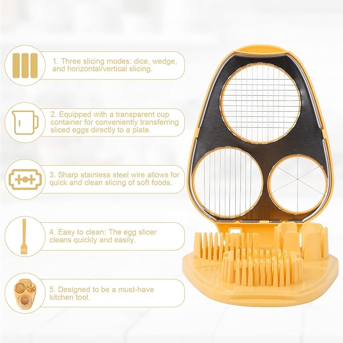 3 in 1 Way Hard Boiled Egg Slicer, Plastic Egg Cutter & Dicer Chopper with 3 Slice Modes and Cleaning Brush for Strawberries Apples Tomatoes Mushrooms & Soft Fruits Food Kitchen Tool Gadgets (Yellow)