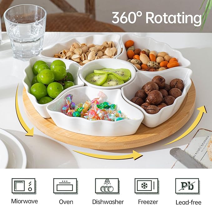 Porcelain Divided Serving Dishes, Relish Tray, 12'' Serving Tray and Platter with 6 Removable Compartment, for Party, Kitchen Decor, for Chips and Dip, Fruits, and Condiment