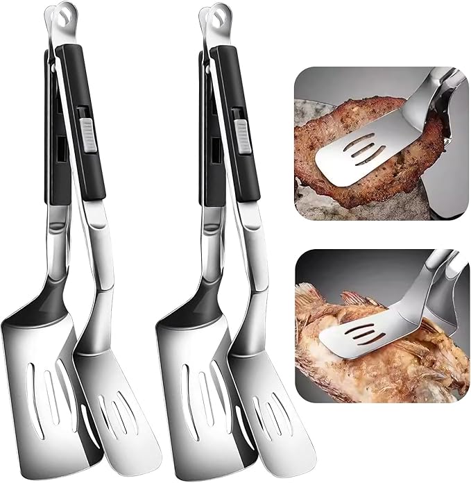 13.3 Inch Stainless Steel Tongs for Cooking, Versatile Stainless Steel Grill Clamp Anti-Scald Extended Handle Spatula Tong Perfect for Flipping, Grilling, Cooking, Frying, and Griddling (2)