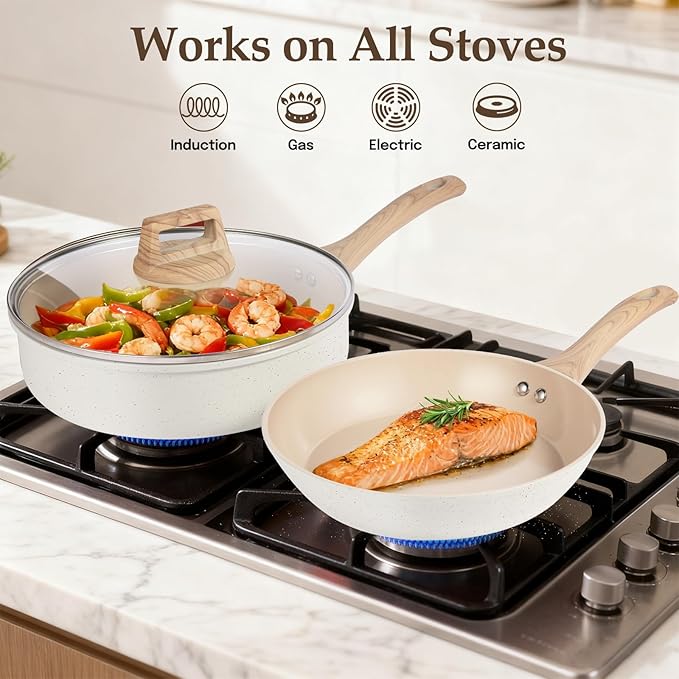 Pots and Pans Set Non Stick, Non-Toxic Ceramic Cookware Set, 11pcs Induction Cookware, Kitchen Cooking Set with Frying Pans, Saucepan, Stock Pot, PFOA Free & PFOS Free, Cream Color