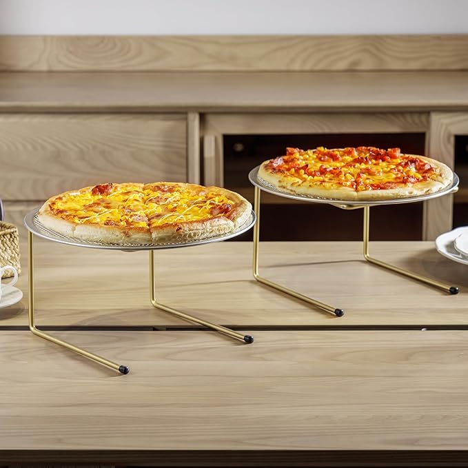 MyGift Brass Metal Pizza Table Stands, Tabletop Pizza Pan Riser Food Platter Tray and Display Rack, Set of 4