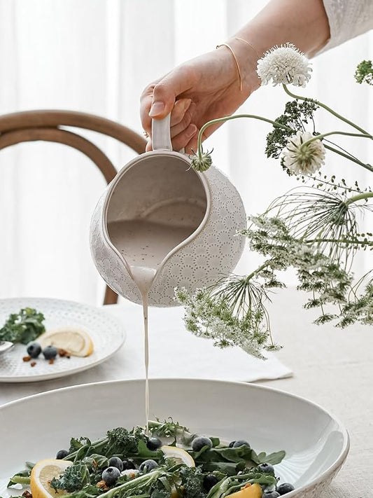 LE TAUCI Gravy Boat with Ladle and Saucer Stand 24oz, Ceramic Sauce Boat with Tray for Salad Dressings, Creamer, Broth, Black Pepper, Set of 2, Arctic White, Firework+Clover