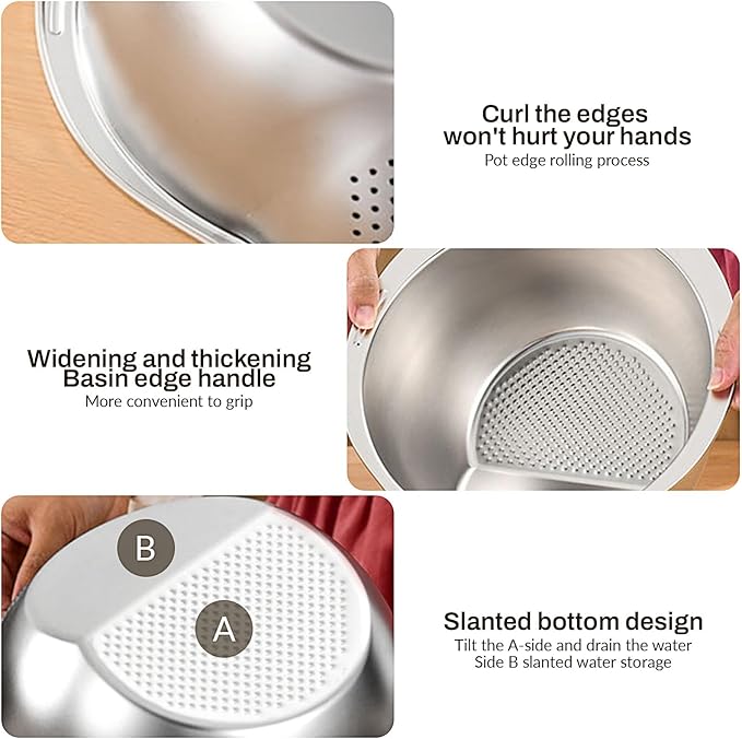 Stainless Steel Rice Strainer Bowl With Side Drainers，Rice Strainer Fine Mesh，Fine Strainers for Quinoa for Cleaning Fruits Vegetables Beans，Versatile Kitchen Tool，10.55" x 5.31" (Silver)