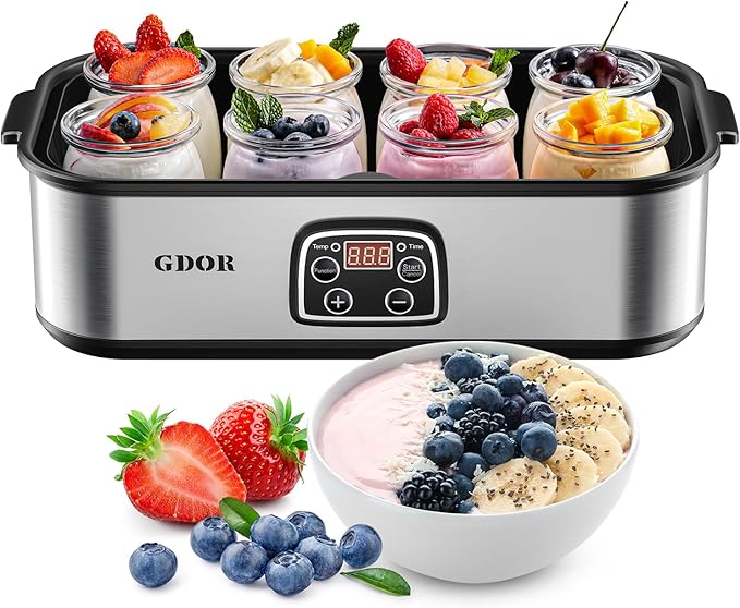 GDOR Yogurt Maker with Adjustable Temp & Timer– Probiotic-Rich – Digital Greek Yogurt Machine with 8×6oz BPA-Free Glass Jars, Easy to Use for Home, Stainless Steel