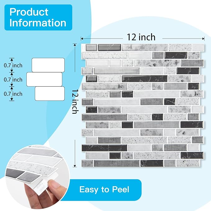 Art3d 10-Sheet Heavy-Duty Peel and Stick Backsplash, Waterproof Wall Tiles Stick on Kitchen Backsplash Living Space, Carrara Grey