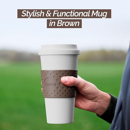 Copco Acadia 16 oz Reusable To-Go Travel Mug - BPA-Free Insulated Coffee Cup with Double-Wall Insulation, Spill-Proof Lid & Non-Slip Rubber Grip - Microwave & Dishwasher Safe (White/Brown)
