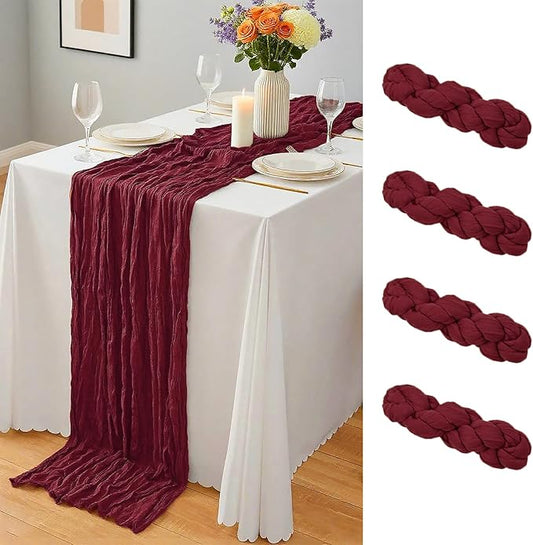4 Pcs Burgundy Christmas Cheesecloth Table Runner 10Ft, Gauze Table Runners 21.5 x 120 inch, Semi Sheer Cheese Cloth Fabric Runner Bulk for Wedding,Party,Baby Shower,Bridal Shower