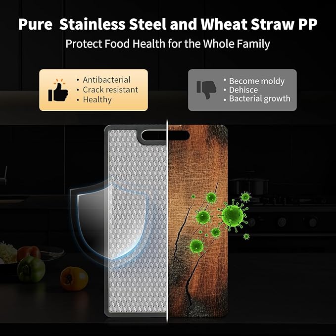Double Sided Cutting Board, 1 PCS 316 Stainless Steel Cutting Boards for Kitchen, Food Grade, Scratch Resistant Mesh, Large Size 16.3"*10.5" (1 side 316 Stainless Steel Other side Wheat Straw PP)