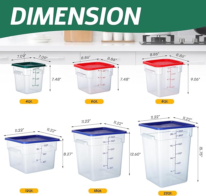 FSUON 4 Pack Clear Food Storage Containers with Lids and Handles Polycarbonate Square Commercial Food Containers, NSF (4Qt)
