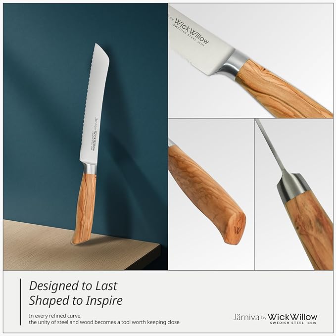8 Inch Bread Knife – Double Serrated Swedish Steel Sourdough Knife with Italian Olive Wood Handle – Premium Serrated Knife for Homemade Bread, Pastries & Gifts for Home Bakers