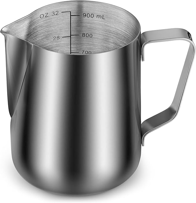 Zulay Milk Frothing Pitcher with Latte Art Pen – 12oz 20oz 32oz - Stainless Steel Frother Cup with Measurement Markings, Espresso & Coffee Accessories Creamer Jug with Laser-Welded Handle - 32 oz