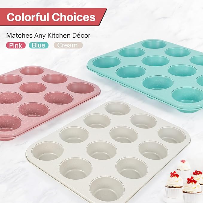 Spmarkt 2-Pack Pink Nonstick Muffin Pans, 12-Cup Muffin Cake Pan, 5-Layer Free PFOA/PFOS/PTFE Safe Cupcake Pan, Durable & Easy-Clean Muffin Cup for Baking
