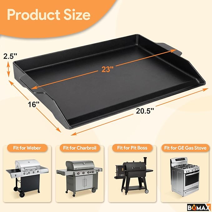 23" x 16" Universal Cast Iron Cooking Griddle, Flat Top Grill Pre-Seasoned Nonstick Griddle Insert for Most Gas Grills and 4 Burner Stove Top, Griddle Insert Griddle Plate for Gas Grill