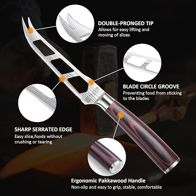 PAUDIN Cheese Knife, 5 Inch Serrated Knife, Multi-Use Tomato Knives with Ergonomic Pakkawood Handle, High Carbon Steel Ultra Sharp Small Kitchen Knives