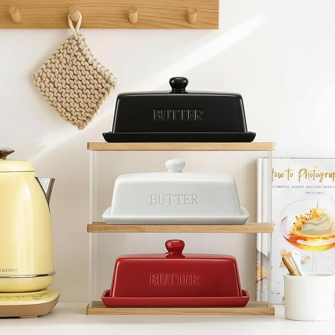 WERTIOO Butter Dish with Lid, Ceramic Butter Dish with Lid for Countertop for 1 Stick. Textured Tray with Stainless Steel 3 in 1 Butter Spreader, Microwave and Dishwasher Safe, Black