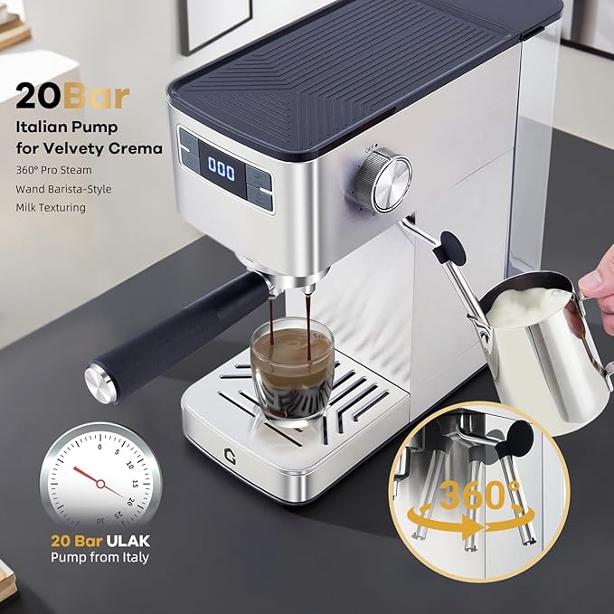 Takywep 20 Bar Professional Espresso Machine with Steam Milk Frother, Stainless Steel Home Coffee Maker, Compact for Kitchen Counter with Removable Water Tank, Silver
