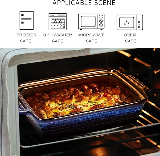UNICASA Casserole Baking Dish with Lid - Ceramic Blue Lasagna Pan 3.2 Quart, Large Covered Bakeware Set 9x13 for Cooking, Stoneware Bakers Microwave Oven Safe - Reactive Glaze Blue