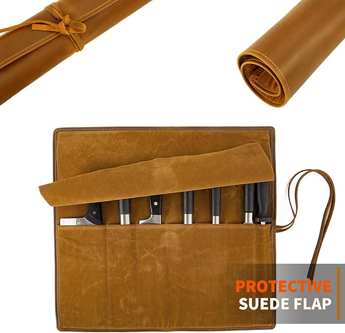 Baizoy Genuine Leather Knife Roll, Knife Bags for Chefs Professional, Small Chef'S Knife Case Holder, Knives Holders Protectors with 7 Slots, Portable Chef Knife Roll Chef Knife Bag
