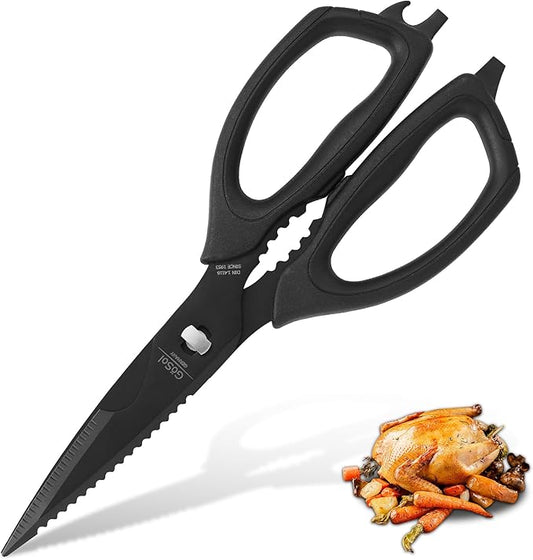 Kitchen Shears Come Apart Kitchen Scissors with Serrated Blade Premium Black Titanium Plated Stainless Steel Shears for Food Heavy Duty Chicken Bone Fish Nutcracker Can Opener 02A
