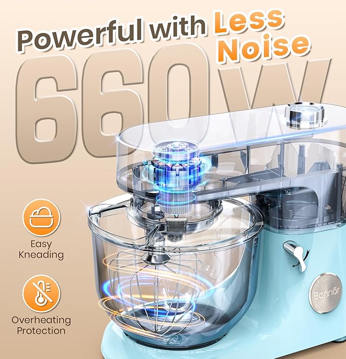 Bonnor Stand Mixer 6QT Kitchen Mixer with LED Smart Touchscreen, 11-Speed Tilt-Head Mixer with Timer, 4 Preset Menus, Stainless Steel Bowl, Dough Hook, Whisk, Beater,Blue