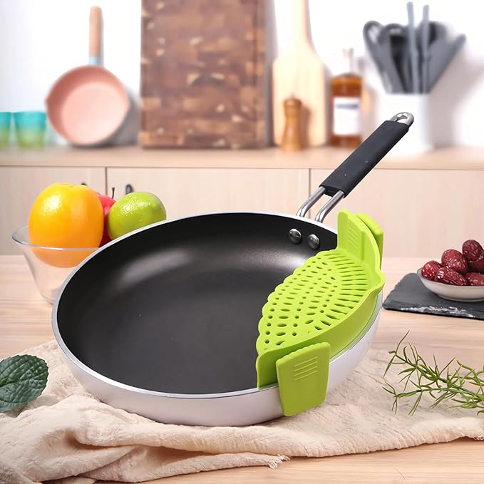 2 PACK Silicone Clip-on Strainer - Fits Pots, Pans & Pasta, Hands-Free Food Strainer for Ground Beef, Spaghetti, Pasta, Compatible with All Bowls and Pots (Black,Green)