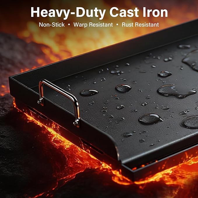 25" x 16" Nonstick Cast Iron Flat Top Griddle - Universal Grill Insert with Grease Groove & High Sidewalls, Fits Gas/Charcoal/Electric Grills (Weber, Charbroil, Nexgrill)