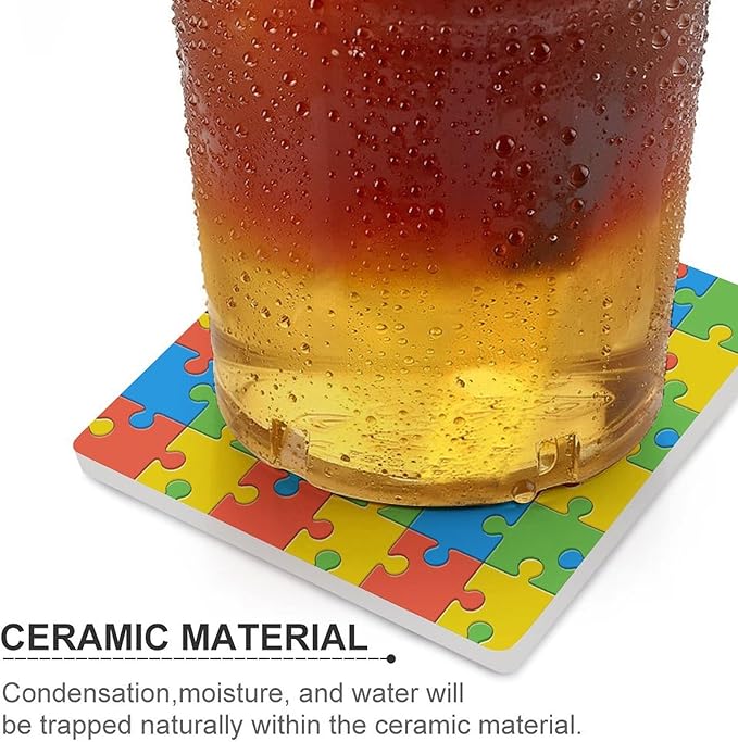 Gamer Drink Coasters, Square Ceramic Drink Coaster Square-6PCS, Kids Abstract Colorful Puzzle Toy Decor Absorbent Ceramic Coasters for Beverage Cup, Bar, Coffee Table