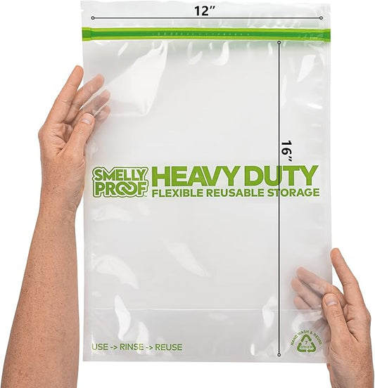 Smelly Proof HEAVY DUTY Reusable STAND-UP Bags for Food Storage, USA Made, NO PEVA & BPA FREE, Reusable Freezer Bags, Dishwasher-Safe, Triple Zip, CLEAR 5-mils XXL 2-Gallon 12" x 16" - 5pk