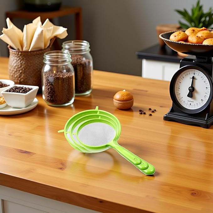 Flour Sifter with Long Handle, 3 Pcs/Set Green Plastic Hangable Flour Colander Powder Filter Strainer Fine Mesh Colander Coffee Filter Tea Strainer, Strainers and Colanders Food Strainers