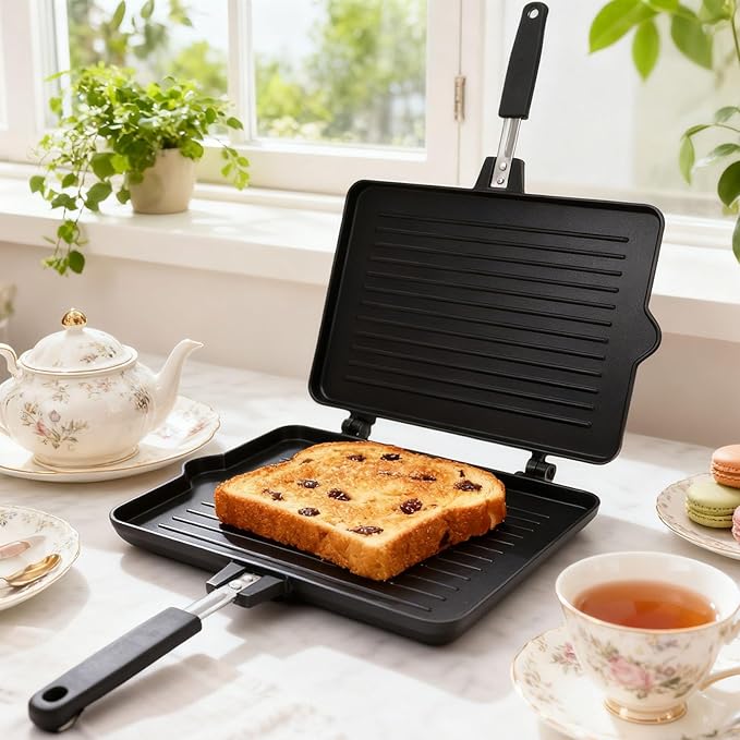 Maker, Double Sided Stovetop Toasted Panini Press, Non Stick Grill Plates Panini Maker Pan, Cheese Waffle Toaster Frying Pan for Home Kitchen Breakfast