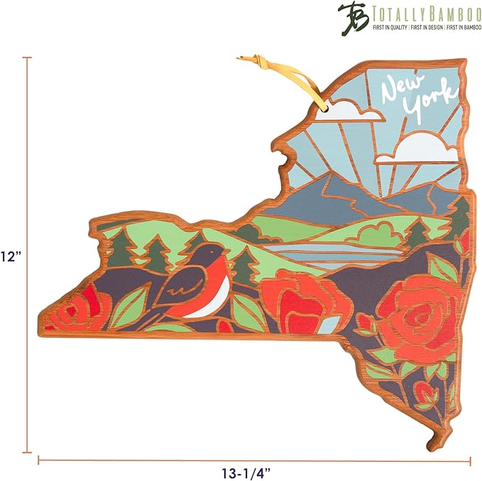 Totally Bamboo New York State Shaped Cutting Board and Charcuterie Serving Platter with Artwork by Summer Stokes, Includes Hang Tie for Wall Display