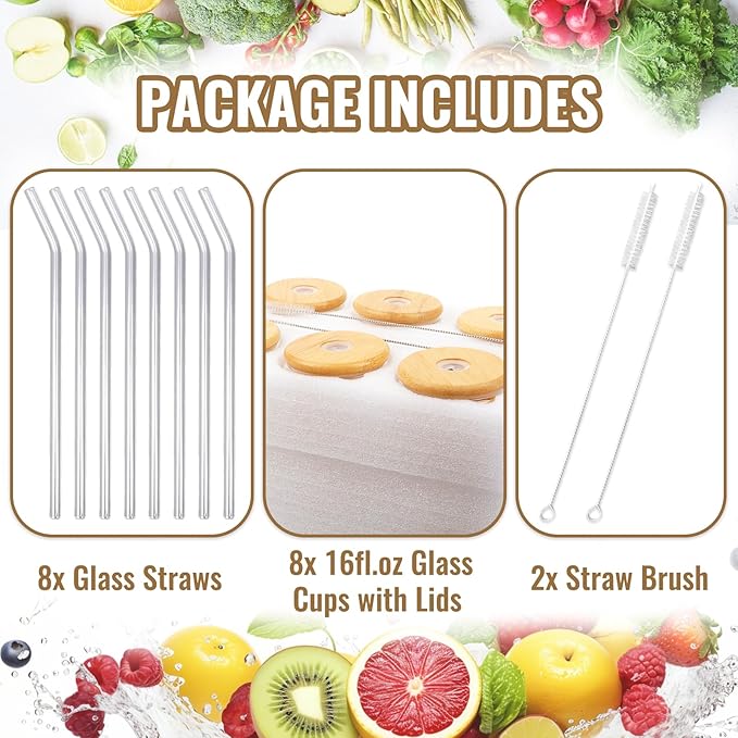 Alotpower Borosilicate Glass Cups with Lids and Straws, 16 oz Reusable Tumbler Set (8-Pack) Includes Bamboo Lids, Glass Straws & Brush for Iced Coffee, Bubble Tea, Cold Beer, Juice