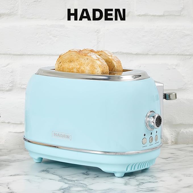 Haden Heritage 2 Slice Wide Slot Stainless Steel Toaster with Adjustable Browning Control & Non-Slip Feet, Turquoise & Chrome
