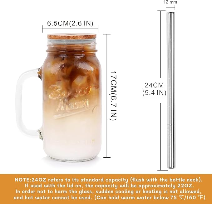 Mason Jar with Lid and Straw, 24oz Regular Mouth Mason Jars with Handle Drinking Glasses Tumbler Reusable Cups Smoothie Water Bottles for Iced Coffee Margaritas Juice Cocktail Travel Office Home
