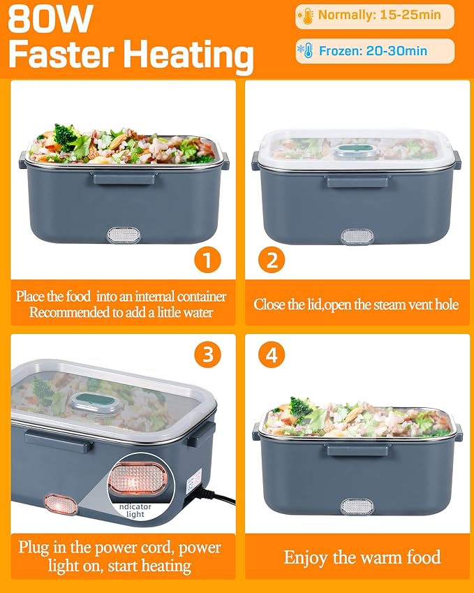 Extal-Large Electric Lunch Box Food Heater - 80W Fast Heating, 1.8L Heated Lunch Box Leak-Proof 304 Stainless Steel Portable Food Warmer, 3-in-1 (12V/24V Car/Truck & 110V Home), Ideal for Work/Travel