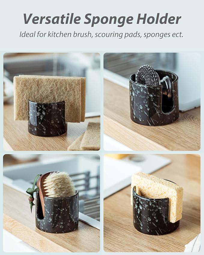Sponge Holder for Kitchen, Ceramic Sink Scrub Sponge Rack Dish Rack Scrubbers Holder for Kitchen Sink, Bathroom, Black