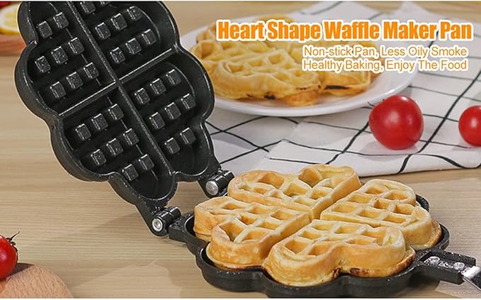 Heart Shape Waffle Maker for Stovetop, Non Stick Aluminum Campfire Waffle Iron with Detachable Handle, Portable Cookware for Outdoor Camping, RV and Home Kitchen