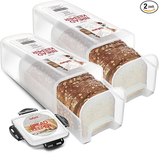Tafura Bread Storage Container - 2 Pack BPA Free Plastic Bread Box with Ingeniously Tray - Airtight Container/Holder for Homemade Loaves and Baked Goods