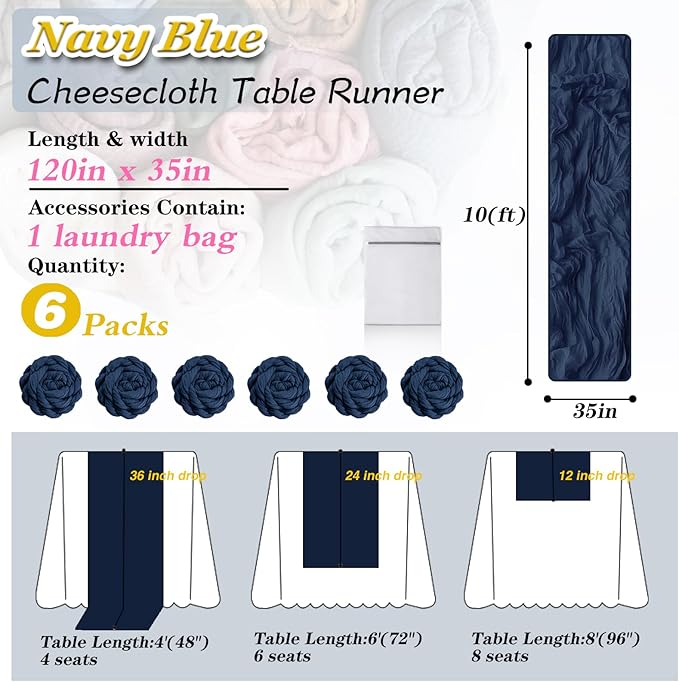 Navy Blue Cheesecloth Table Runner 6 Pack 35" Boho Gauze Runner 120 inches Long Runner Rustic Sheer Fabric Bulk for Baby Shower Wedding Bridal Birthday Party Table Decorations