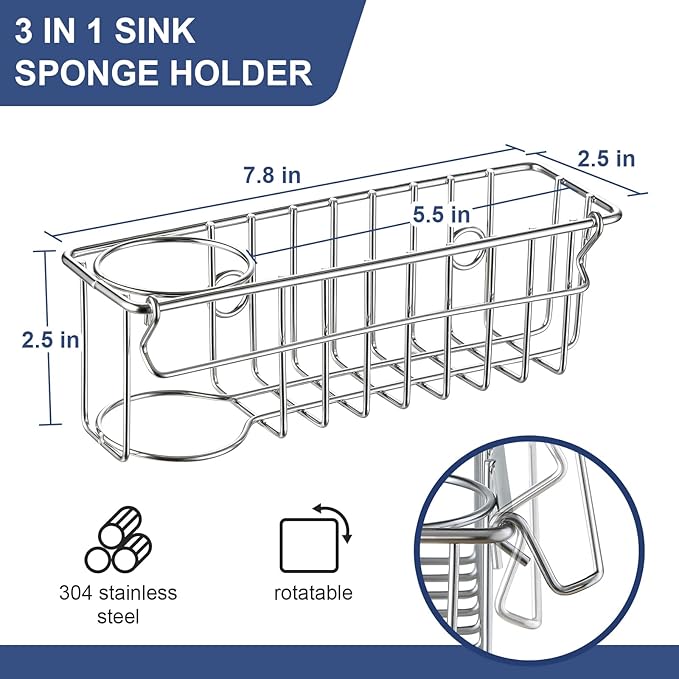 3-In-1 Sponge Holder for Kitchen Sink with Suction Cups & Adhesive Hook , In-sink Sponge Holder, Wall Hanging Sink Organizer Rack - Sponge, Dish Cloth, Brush, Scrubber - 304 Stainless Steel