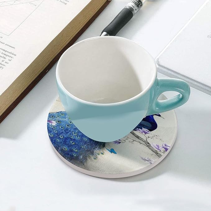 Peacock Drink Coasters, Round Ceramic Drink Coaster Round-4PCS, Vintage Style Beautiful Blue Peacock Floral Decor Absorbent Ceramic Coasters for Beverage Cup, Bar, Coffee Table