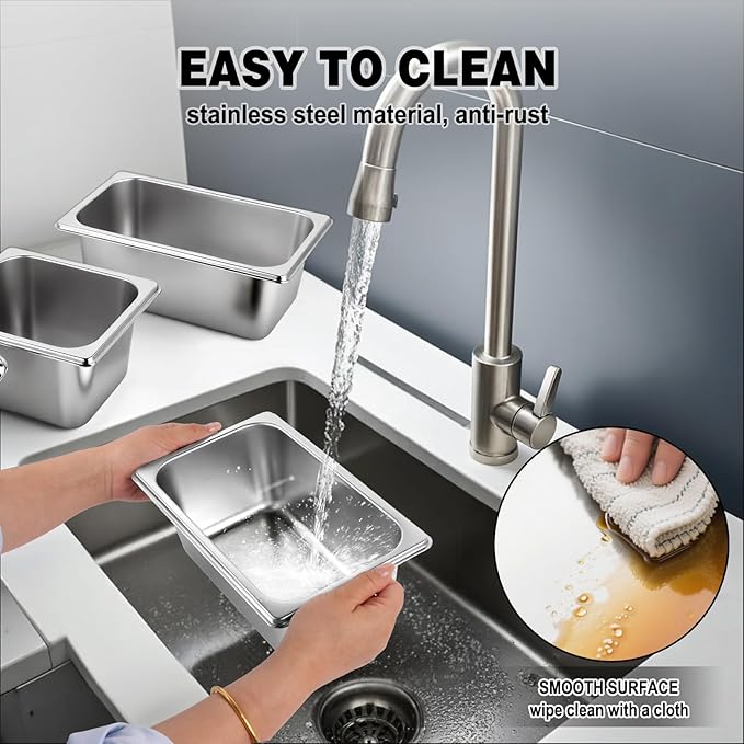 West Bay 4 Pack 1/4 Size Hotel Pan with Lids, 4'' Deep Steam Table Pan with Lid, 10.2''L x 6.3''W Stainless Steel Pans for Home, Party, Hotel, Buffet