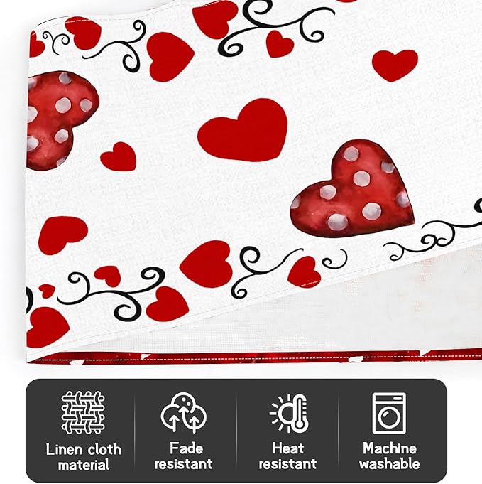 Valentine's Day Table Runner Linen Red Love Heart Table Runner Heart Floral Cloth Dresser Scarves Polka Dots, for Valentines Holiday Home Kitchen Dining Style Table Decoration (13*72 Inch)