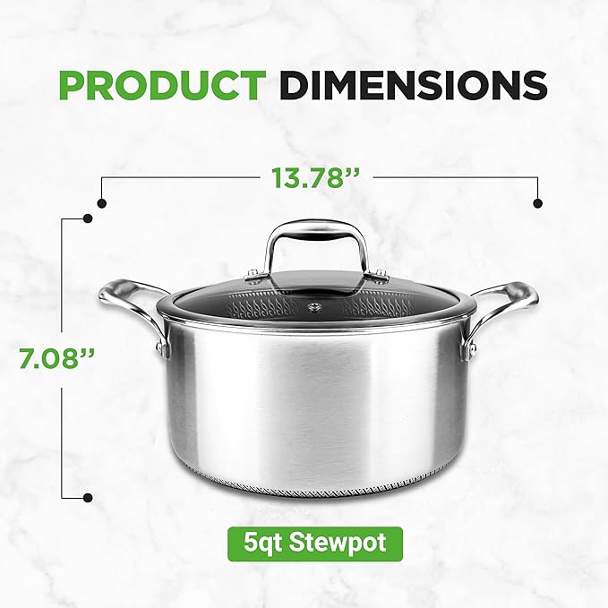NutriChef 5 QT Stainless Steel Stew Pot - Triply Kitchenware Stew Pot with Glass Lid - DAKIN Etching Non-Stick Coating, Scratch-resistant Raised-up Honeycomb Fire Textured Pattern NC3PCAS