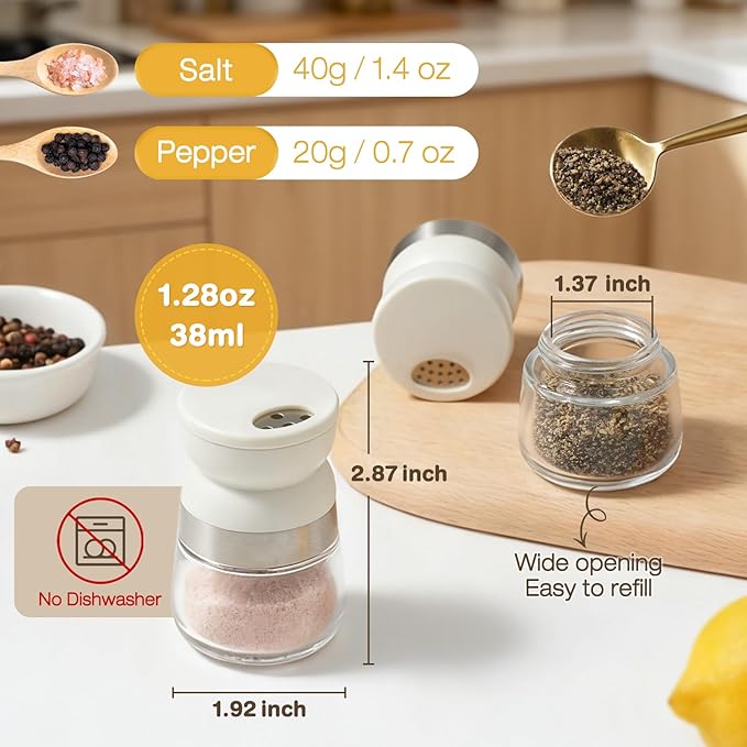 Vucchini Mini Salt and Pepper Shaker 2pcs 1.28 Oz Small Travel Spice Shaker with Adjustable Pour Holes Portable Pepper Dispenser for Table, Camping, Travel Beige Color